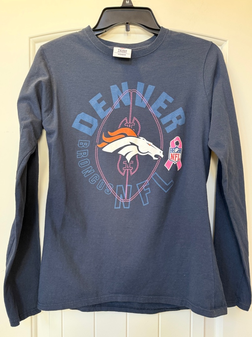 NFL Denver Broncos Girls' Navy Long Sleeve Tee with Pink Ribbon